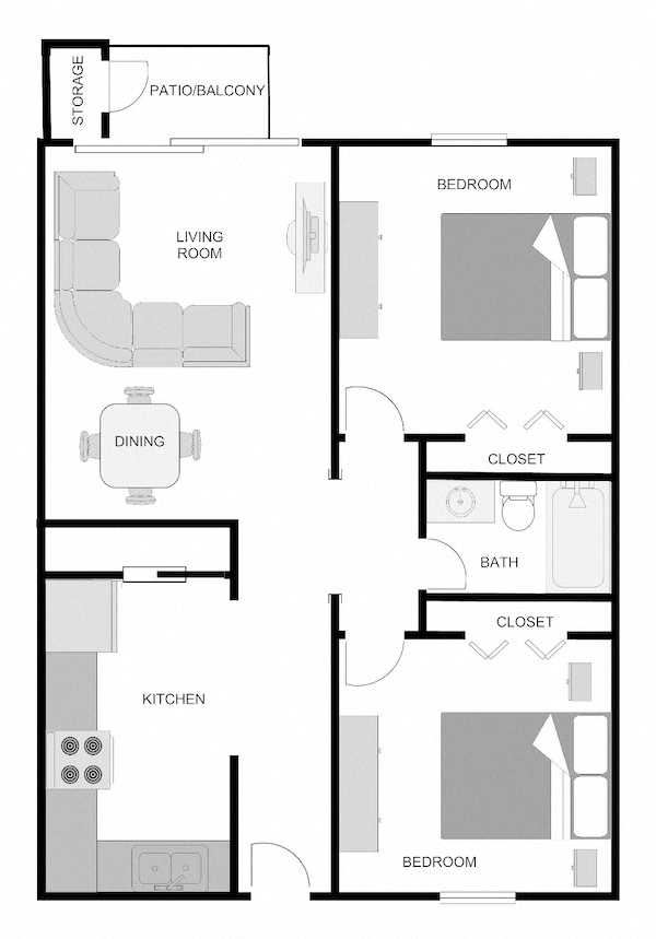 Floor plan for 2 beds, 1 bath, 800 sqft